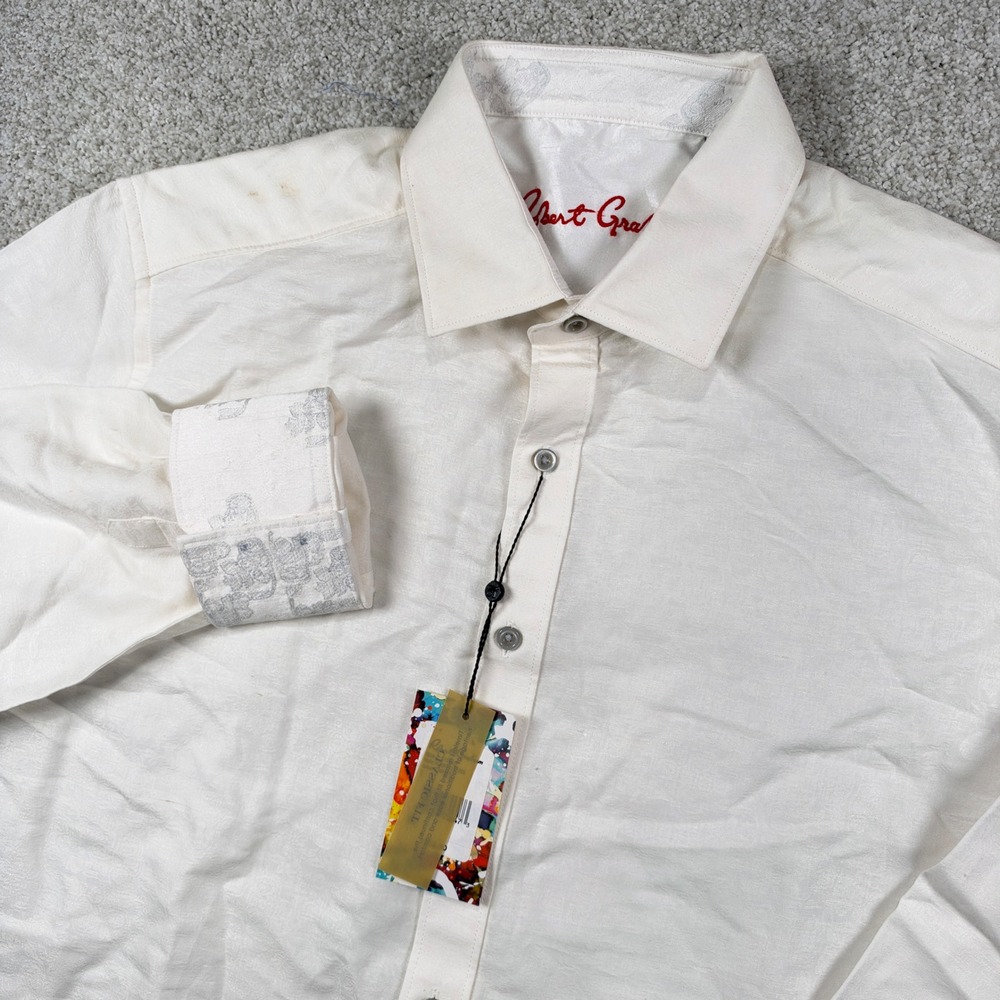 Robert Graham Button Front Shirt Mens L White Jacquard Paisley Classic Fit